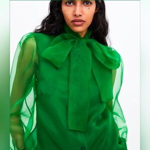Zara Organza Semi-Sheer Vibrant Green Blouse With Bow At Neck